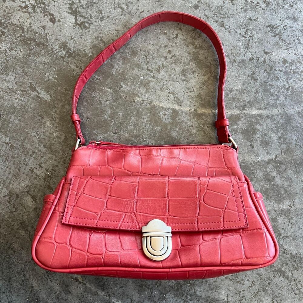 Vintage Elka Purse Handbag Pink Coral Red Croc Embossed Spring Shoulder Bag Y2K